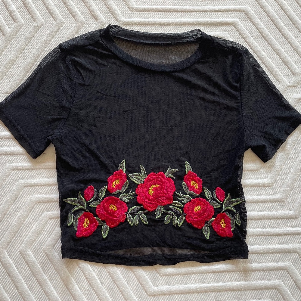 Forever 21, Mesh cropped black T-shirt with embroidered floral appliqué, Small